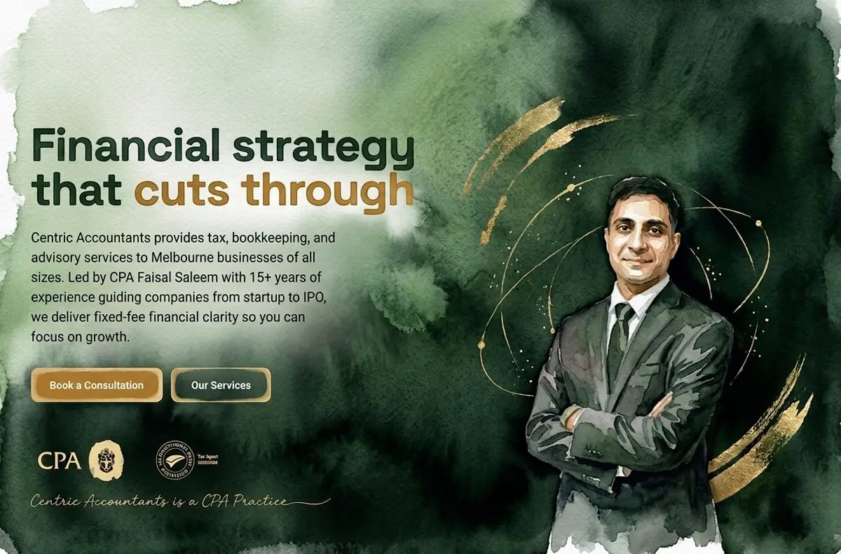 A painterly rendering of the Centric Accountants homepage — Melbourne's leading accountants for the construction and medical industries — designed and built by Dappled Studios