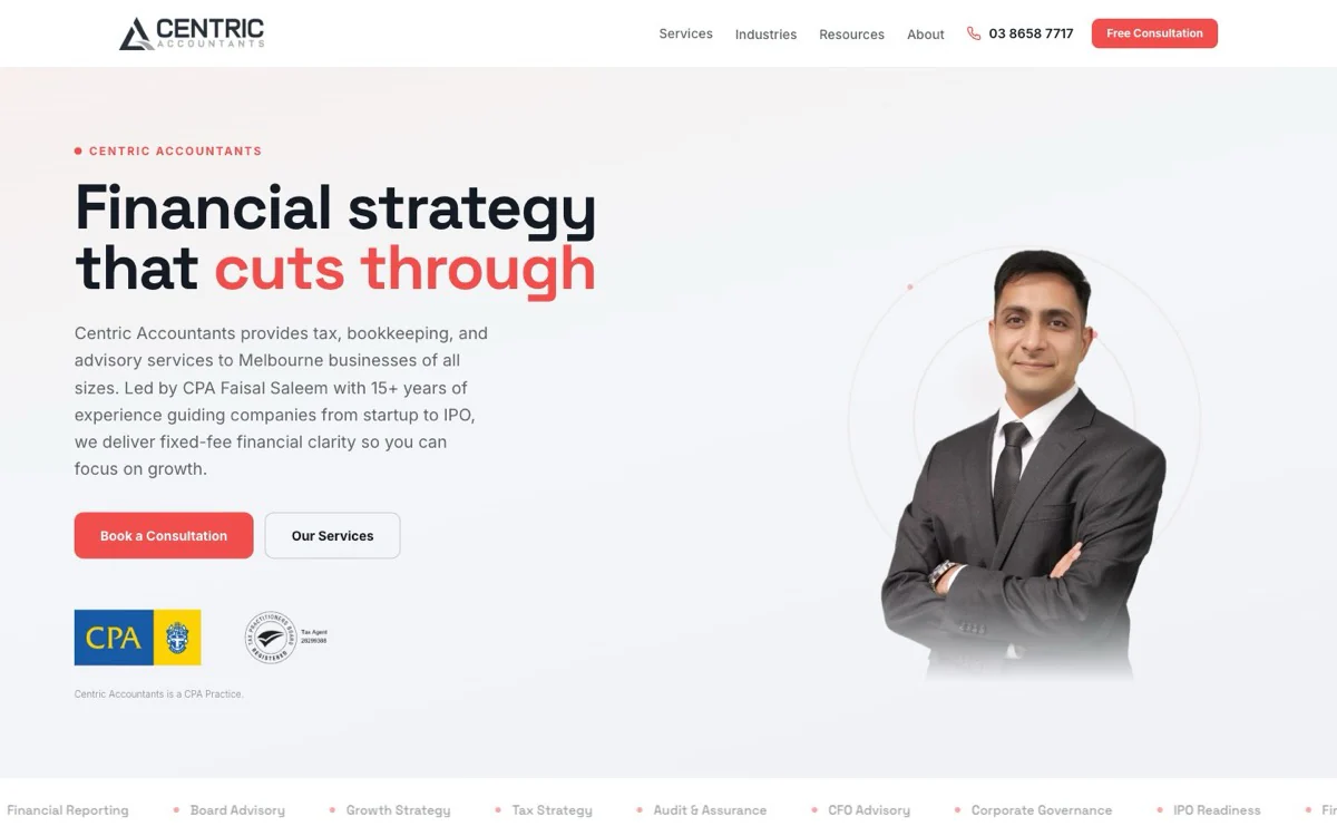 The Centric Accountants homepage — Melbourne's leading accountants for the construction and medical industries — designed and built by Dappled Studios